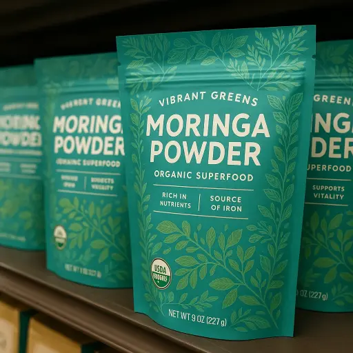 Finished bulk organic moringa powder packaged for wholesale