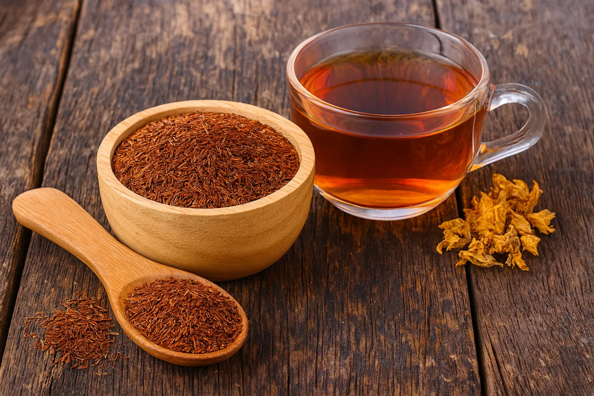 Organic rooibos tea, loose and brewed