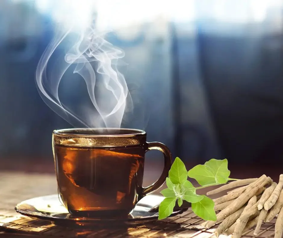 Ashwagandha tea brewed from tea bag cut root